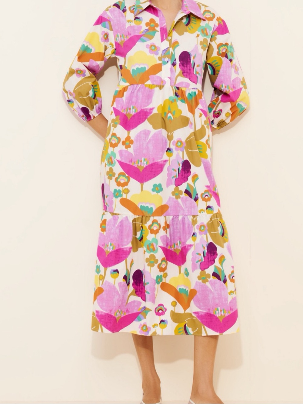 Anthropologie Maeve The Bettina Tiered Shirt Dress Floral Midi Colorful Size M